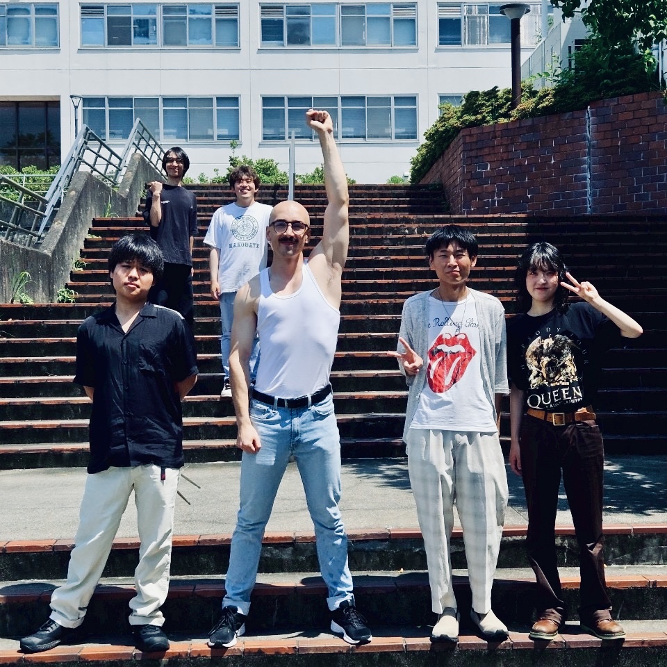 Slovak Rhapsody band group photo on stairs in Japan